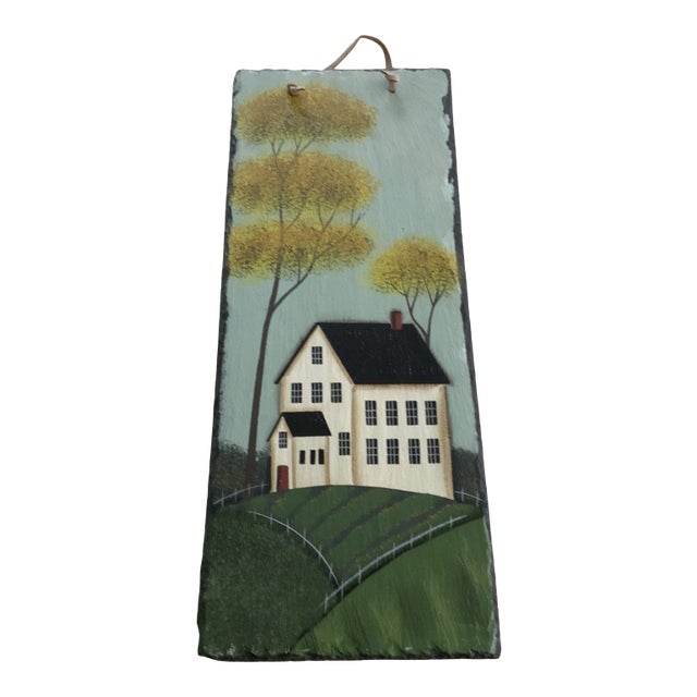 Vintage Hand-Painted Slate Tile Featuring a County Manor House For Sale
