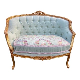 Vintage French Louis XVI Style Gilded Beech Corbeille Settee in Mint For Sale