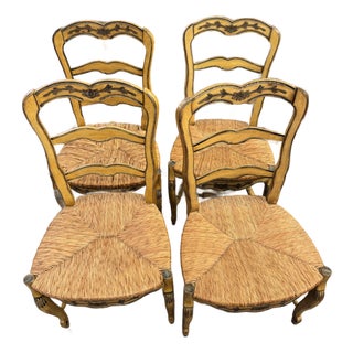 1970s Pine French Country Style Rush Seat Dining Chairs For Sale
