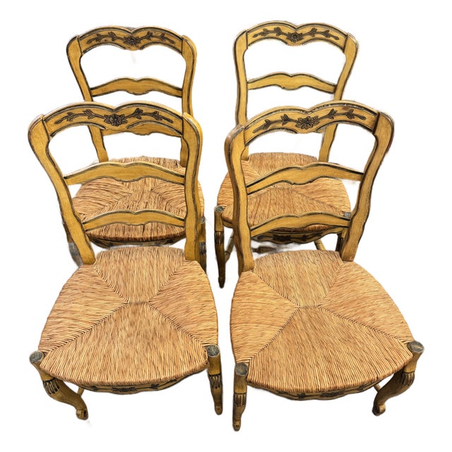 1970s Pine French Country Style Rush Seat Dining Chairs For Sale