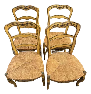 1970s Pine French Country Style Rush Seat Dining Chairs