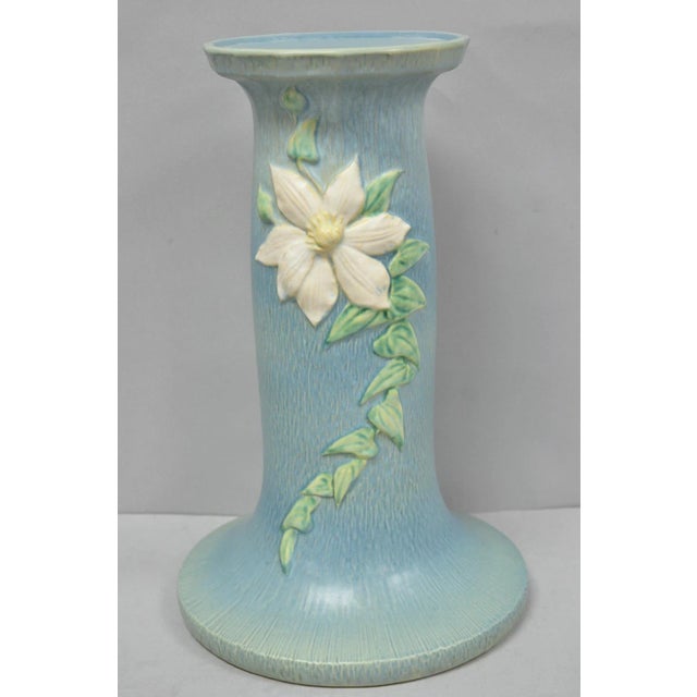 Vintage Roseville Usa Blue Clematis Flower Art Pottery Jardiniere Pedestal Base For Sale - Image 12 of 18