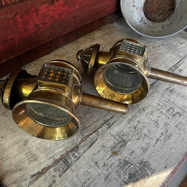 Pair of Antique Brass Carriage Lanterns With Glass Panels & Hinged Doors Vintage Home Decor or Restoration Pieces For Sale In Kansas City - Image 6 of 18