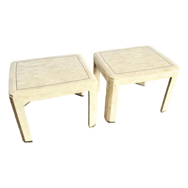 Postmodern Polished Tessellated Stone Side Tables With Brass Inlay - A Pair For Sale