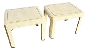 Postmodern Polished Tessellated Stone Side Tables With Brass Inlay - A Pair