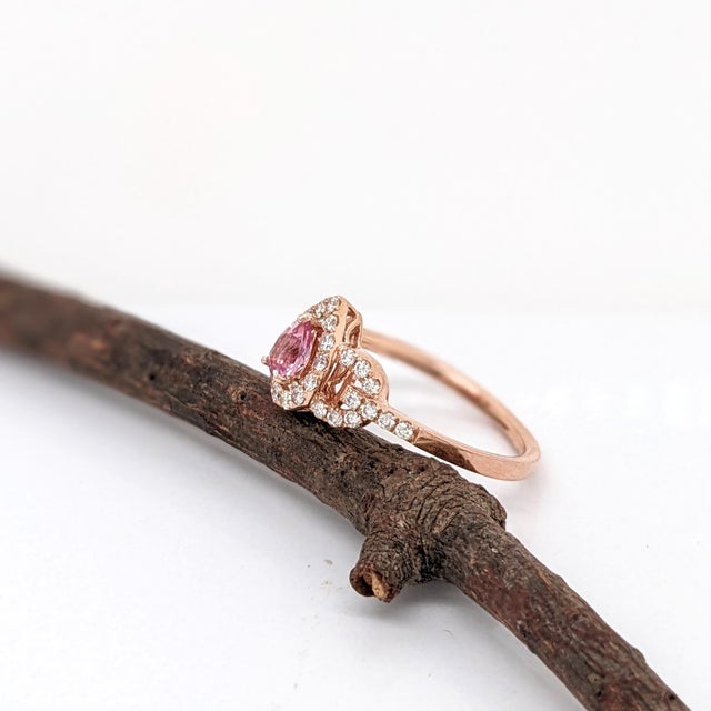 2020s Pink Imperial Topaz Ring W Earth Mined Diamonds in Solid 14k Rose Gold Size 6.75 For Sale - Image 5 of 10