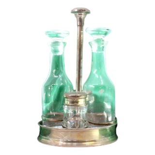 Silver Cruet Set with Glass Cruets and Salt and Pepper Shakers, Set of 4 For Sale