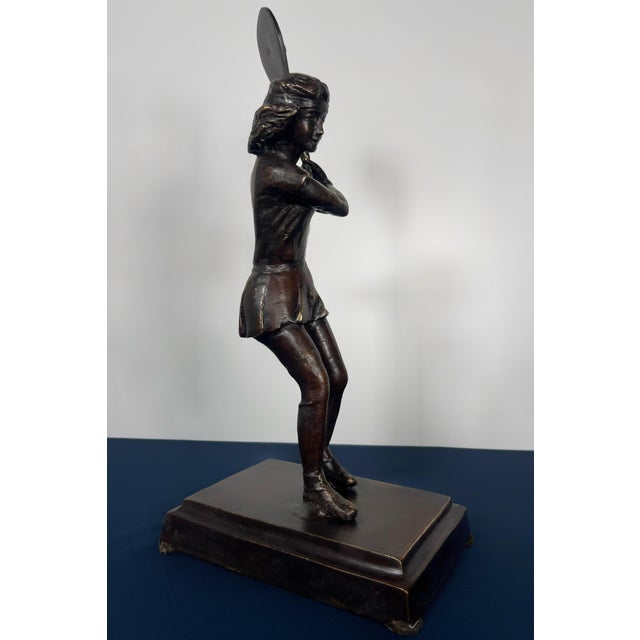 Mid 20th Century Mid Century Modern Solid Cast Brass Tennis Player Statue – Antiqued Patinated Brass Female Athlete Sculpture - Unsigned For Sale In Houston - Image 6 of 10
