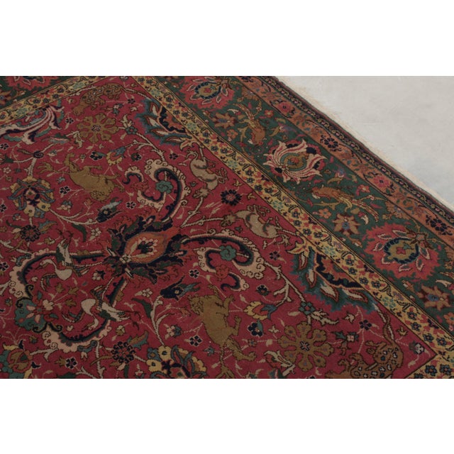 Hand-Knotted Antique Indian Agra Rug in All Over Pink, Green Hunting Pictorial For Sale - Image 4 of 7