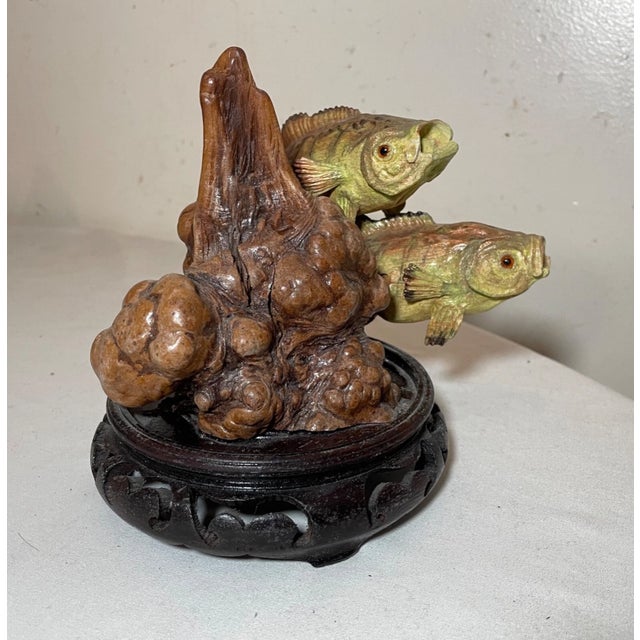 Vintage Hand Carved Painted Wood Burl Fish Two Bass Sculpture Statue Figure Art For Sale - Image 10 of 11