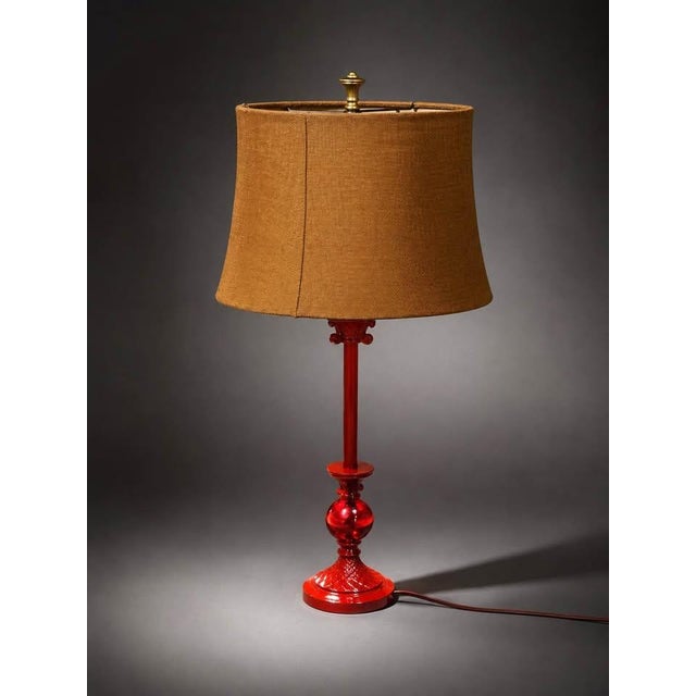 Vintage-Style Red Glass Table Lamp With Textured Burlap Shade For Sale - Image 4 of 4