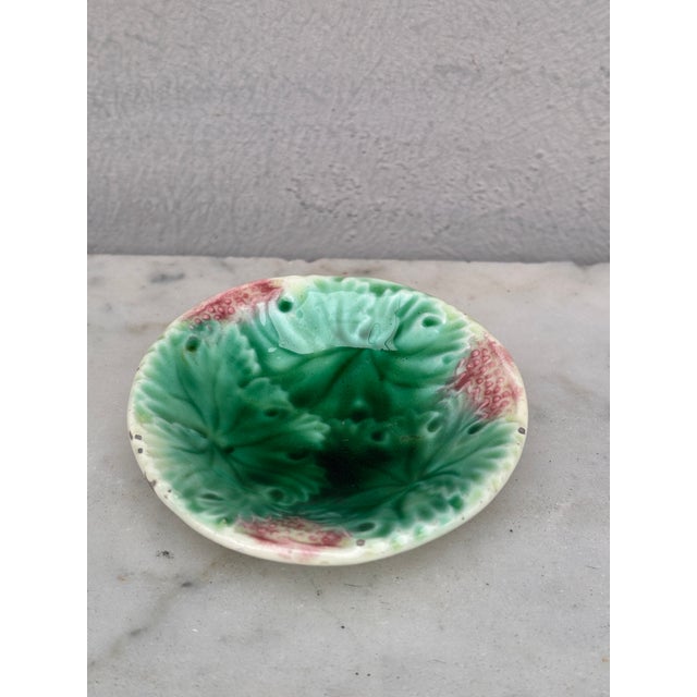 Rustic German Majolica Butter Pat With Leaves Circa 1900 For Sale - Image 3 of 4