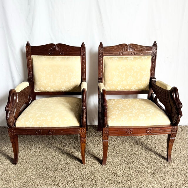 Traditional Vintage Carved Wooden Swan Arm Chairs - A Pair For Sale - Image 3 of 12