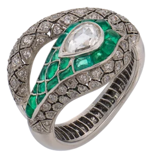 Vintage Diamond Emerald Platinum Snake Ring, Size 7