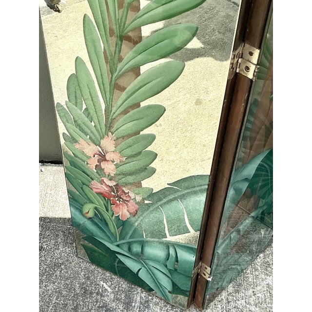 Green Vintage Eglomise Hand Painted Mirrored Screen For Sale - Image 8 of 12