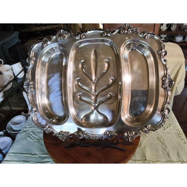1960s Silver Trays for Holiday Entertaining. Vintage Reed & Barton Carving Tray and Wallace Triple Serving Platter For Sale - Image 12 of 14