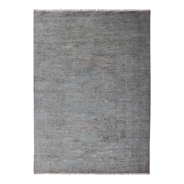 Modern Muted Oushak Type Rug in Wool With Sub-Geometric Design in Green & Earthy Tones For Sale