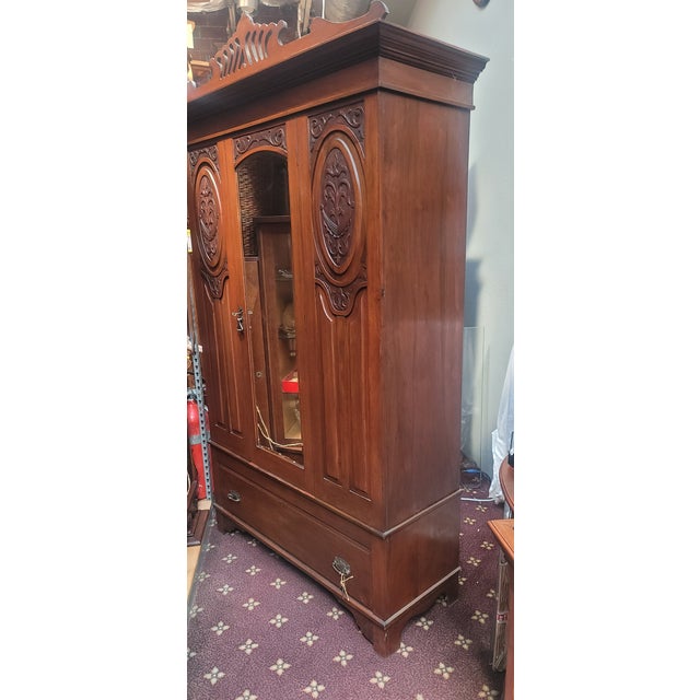 Wood Antique Art Nouveau Victorian Walnut Armoire With Mirror For Sale - Image 7 of 8