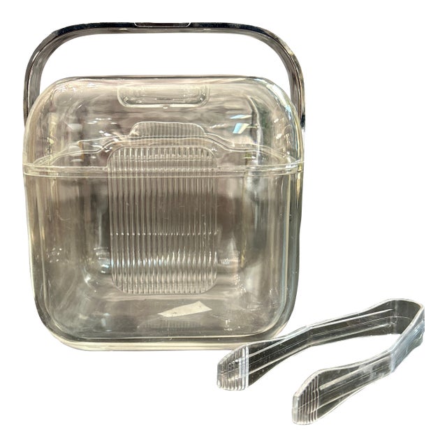 Ambrogio Pozzi for Fratelli Guzzini Italian Acrylic and Lucite Ice Bucket and Tongs For Sale