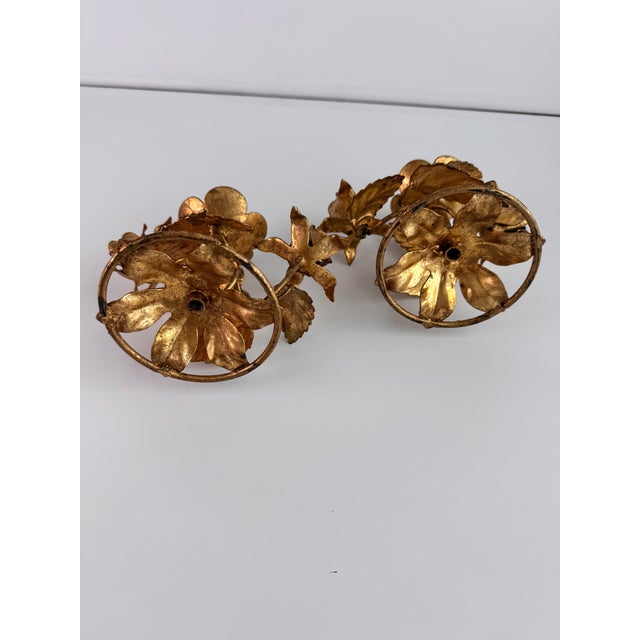 Gold Italian Tole Gilt Rose Candleholders, a Pair For Sale - Image 8 of 9