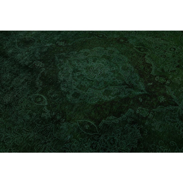 Room Size Green Overdyed Persian Designed Wool Rug With Medallion Motif For Sale - Image 9 of 10