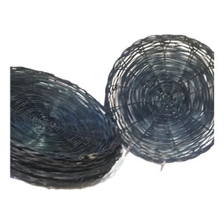 Overdyed Blue Straw Paper Plate Holders- Set of Six For Sale