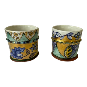 Pair of Late 20th Century Hand Painted Signed Pottery Small Flower Pots/Vases