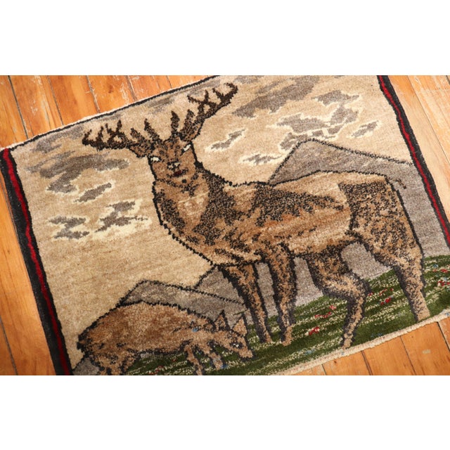 Mid 20th Century Vintage Zabihi Collection Reindeer Turkish Mini Rug - 1'5" x 1'11" For Sale - Image 5 of 5