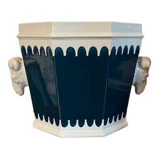 Italian Mancioli Mid-Century Modern Ceramic Cachepot Planter With Ram's Head Handles For Sale