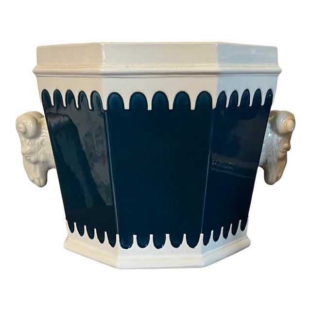 Italian Mancioli Mid-Century Modern Ceramic Cachepot Planter With Ram's Head Handles For Sale
