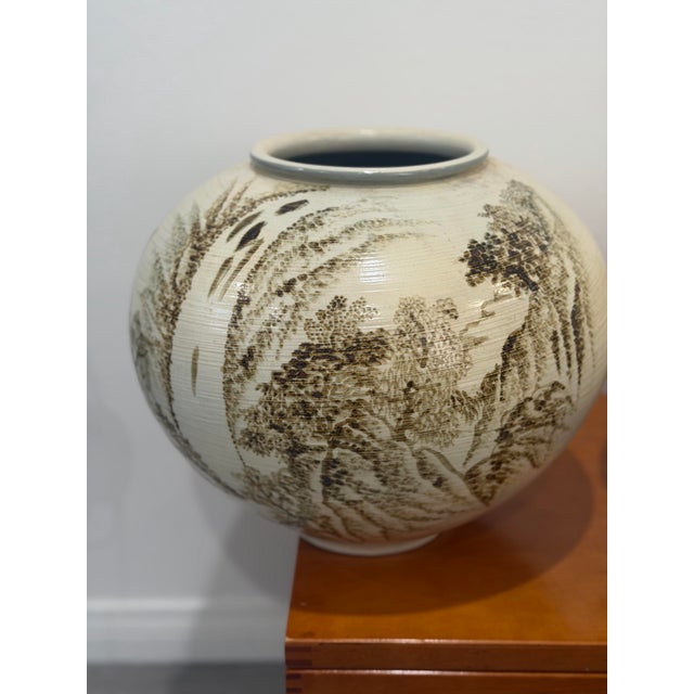 Abstract 1980s Signed Asian Hand- Painted Scenic Vases | Moon Jars For Sale - Image 3 of 12