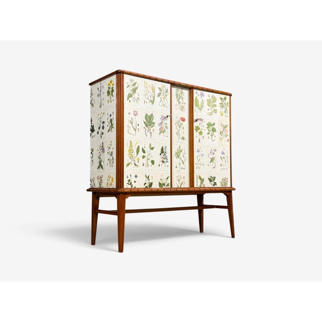 1940s Swedish Modern, Nordens Flora Cabinet, Mahogany, Lithographs, Sweden, 1940s For Sale - Image 5 of 13