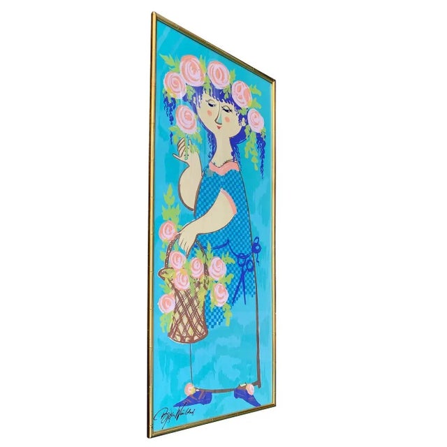 Rare large scale "Flora" screen print by Bjorn Wiinblad 1964. Vibrant colors in a faux bamboo gold gilt frame. This art...