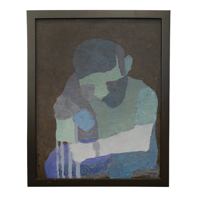 "Deep Thought" Expressionist Figurative Painting in Blue and Grey, 1981 For Sale