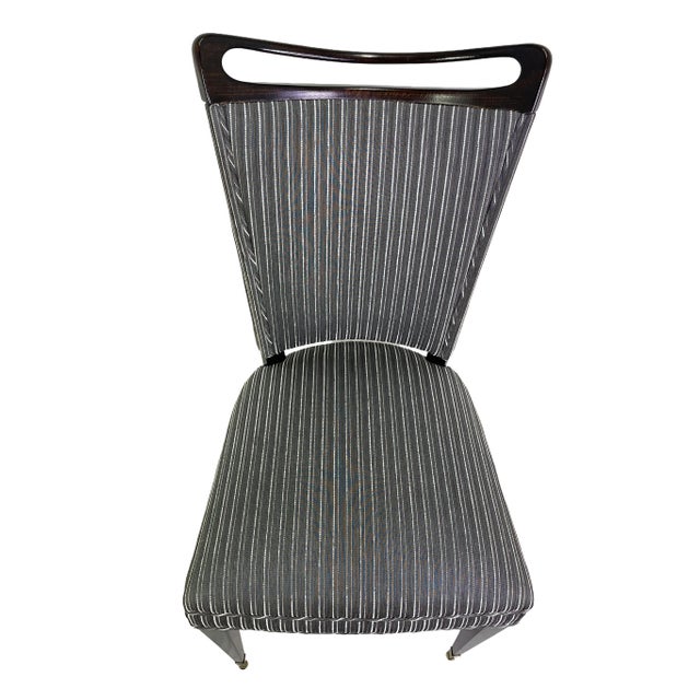 Set of 6 French Mid-Century Ebonized Dining Chairs With Brass Sabots & Striped Upholstery For Sale - Image 9 of 13