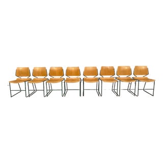 Vintage German School Chairs – Set of 8 – Green Metal + Plywood (Stackable) For Sale