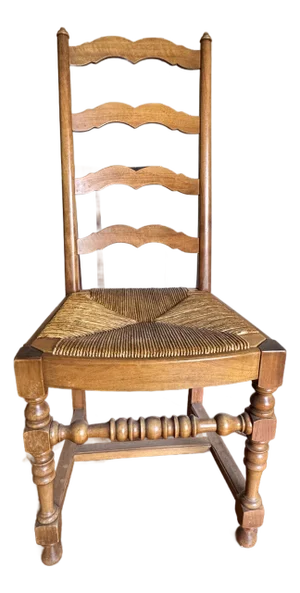 Set of 6 French Country Style Oak Ladder-Back Dining Chairs With Rush Seats