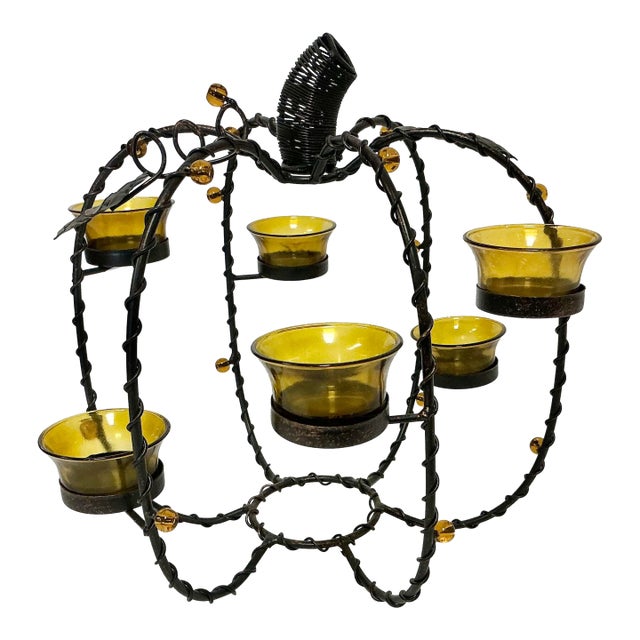 1980s Vintage Brutalist Boho Chic Metal Votive Candle Holder Pumpkin, Thanksgiving & Halloween For Sale
