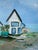 Cottages nestled in the trees and right on the shoreline. Crisp blues and greens and loosely painted. This painting is...