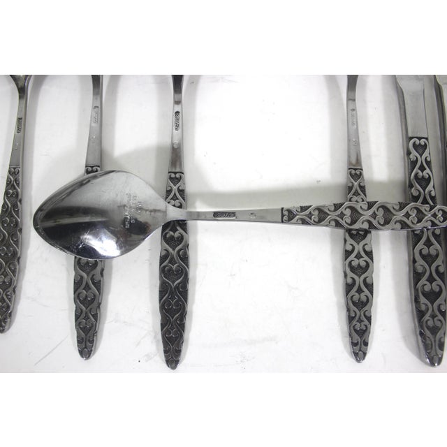 1960s Malta Japanese Mid Century Modern 4 Piece Setting for 4 Stainless Steel Black Detail Matching MCM Spoons Forks Knives 16 Pieces For Sale - Image 10 of 10