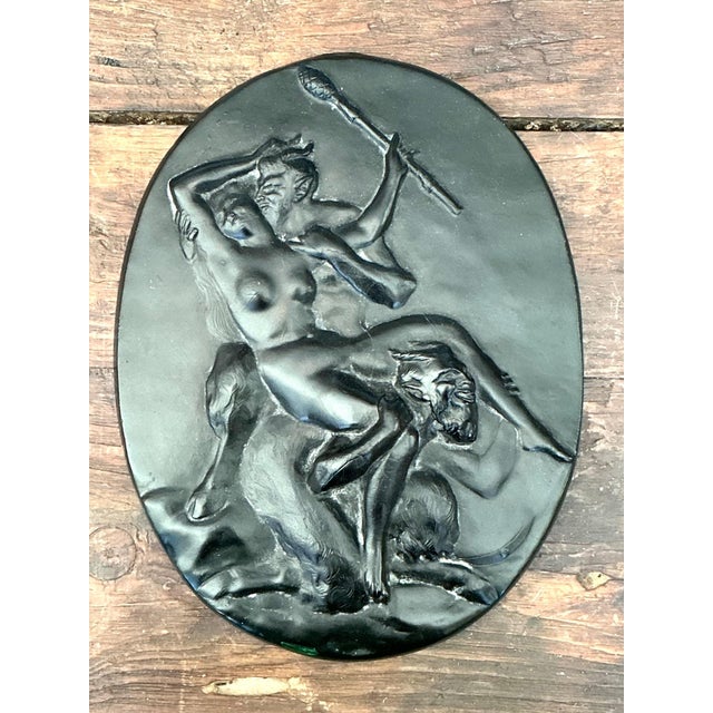 Vintage Green Glass Relief "Nymph With Two Satyrs" For Sale - Image 4 of 12