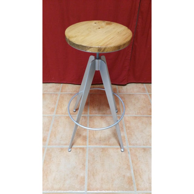 Contemporary New Industrial Wrought Iron Shop Stool With Wood Seat and Back For Sale - Image 3 of 5