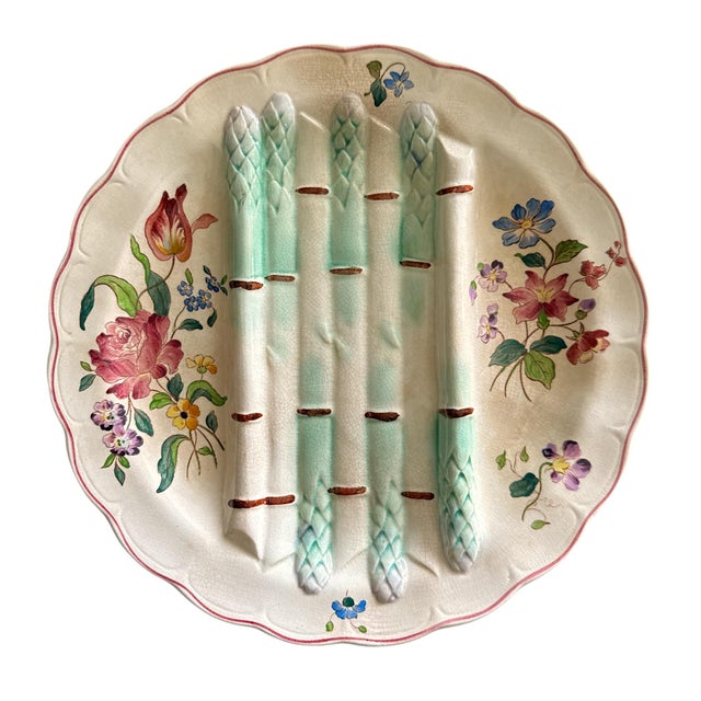 French Provincial Vintage French Majolica Longchamp Hand-Painted Asparagus Plates - Set of 4 For Sale - Image 3 of 7
