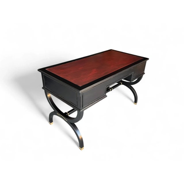 Ebony Mid 20th Century Hollywood Regency Ebonized Desk With Cognac Leather Top by Sligh-Lowry For Sale - Image 8 of 17