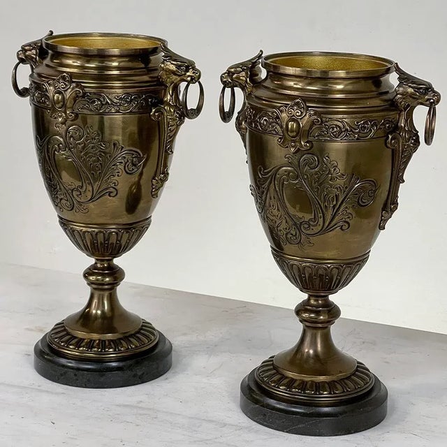 Mid 19th Century Pair of 19th Century French Napoleon III Period Bronze & Brass Urns For Sale - Image 5 of 13