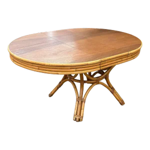 1950s Restored Round Rattan & Mahogany Dining Table W/ Leaf