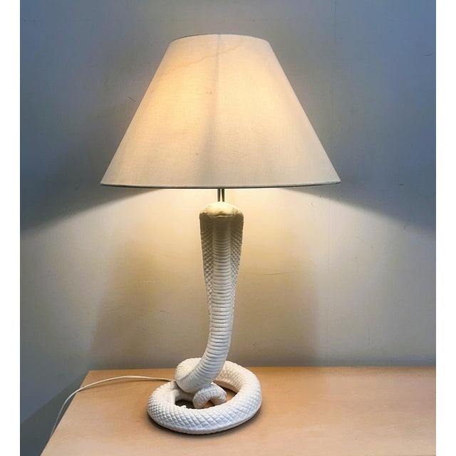 Vintage White Ceramic Cobra Table Lamp attributed to Tommaso Barbi, 1970s For Sale - Image 9 of 14