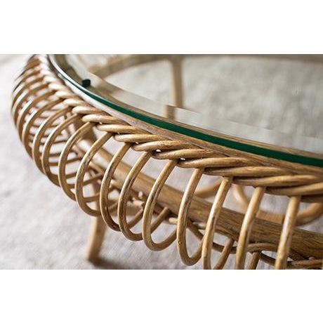 Vintage Coastal Boho Round Rattan and Glass Coffee Table For Sale - Image 10 of 10