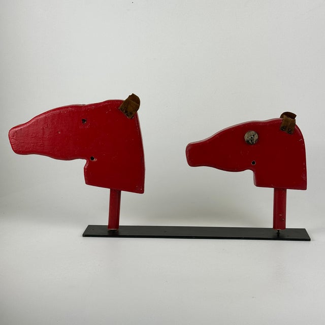 Vintage Farmhouse Double Wooden Horse Heads Sculpture in Red, Kids Decor For Sale In New York - Image 6 of 11