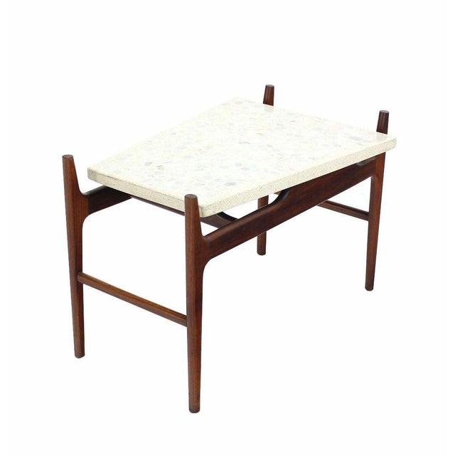 Brown Unusual Trapezoid Travertine Terrazzo Top Oiled Walnut Base End Side Table MINT For Sale - Image 8 of 8